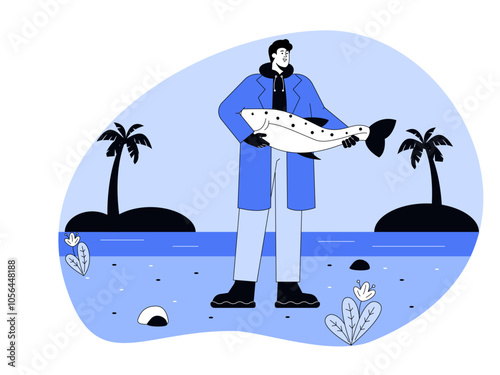 Man catches fish. Fishing illustration. Flat vector illustration.