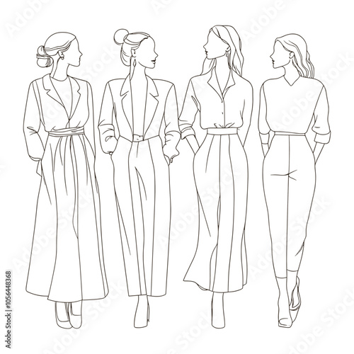 Outline of Women in Long Traditional Dresses with Tied Bows