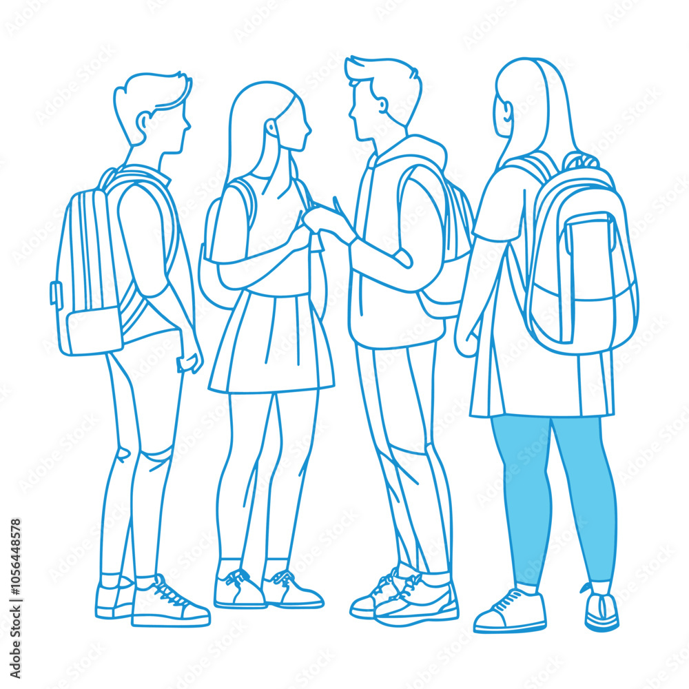 Blue Outline of Students with Backpacks in Casual Interaction Blue Outline of Students with Backpacks in Casual Interaction