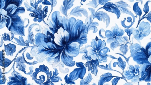 A blue and white floral patterned wallpaper