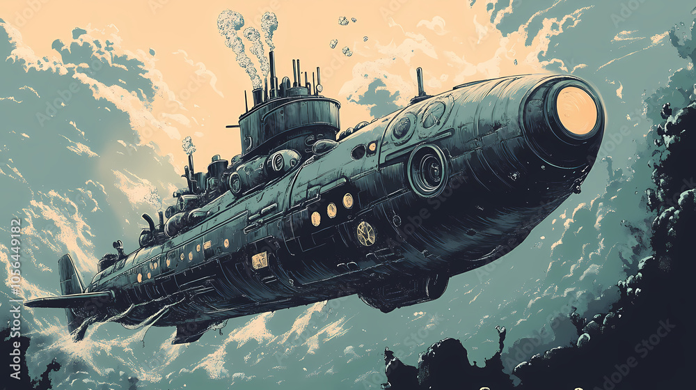 A steampunk submarine discovering an underwater alien civilization that has mastered underwater agriculture. Steampunk Submarine. Illustration A steampunk submarine discovering an underwater alien civilization that has mastered underwater agriculture. Steampunk Submarine. Illustration