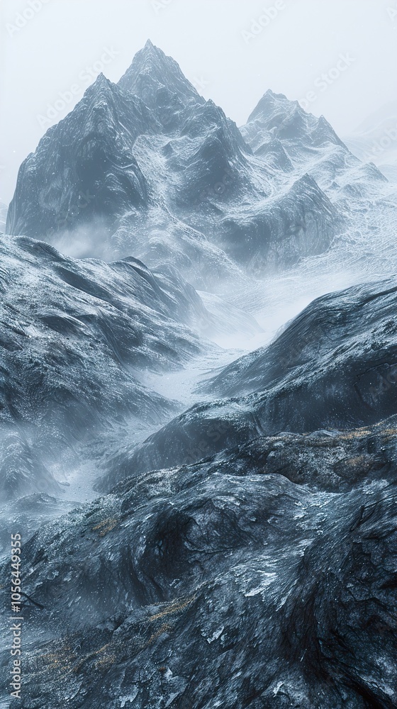 Obraz premium Majestic Snowy Mountain Range in Foggy Landscape