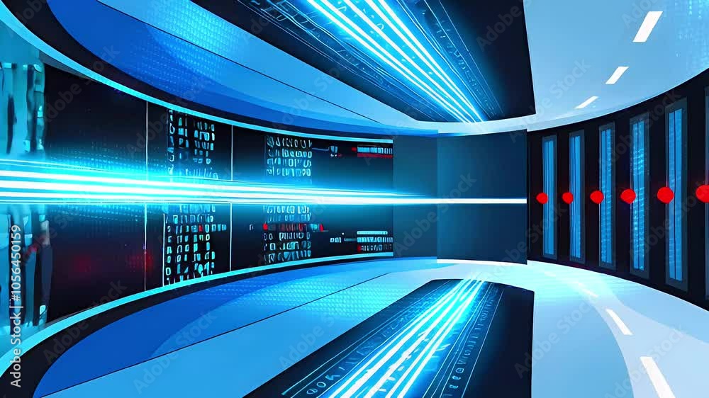 Futuristic data center interior with blue lighting and binary code on monitors.