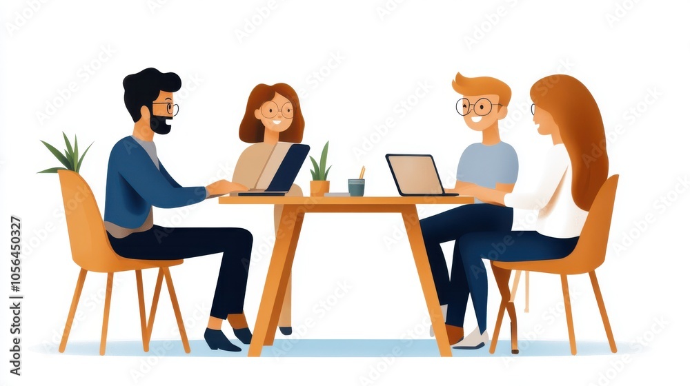 Four animated colleagues working together around a table, sharing ideas in a friendly and collaborative setting, highlighting productivity and creative teamwork. Four animated colleagues working together around a table, sharing ideas in a friendly and collaborative setting, highlighting productivity and creative teamwork.