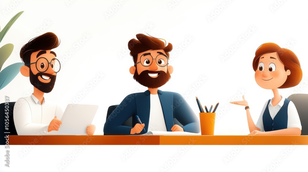 Animated image showing three colleagues sitting at a minimalistic desk, discussing ideas with documents and notes, in a bright and productive office environment. Animated image showing three colleagues sitting at a minimalistic desk, discussing ideas with documents and notes, in a bright and productive office environment.