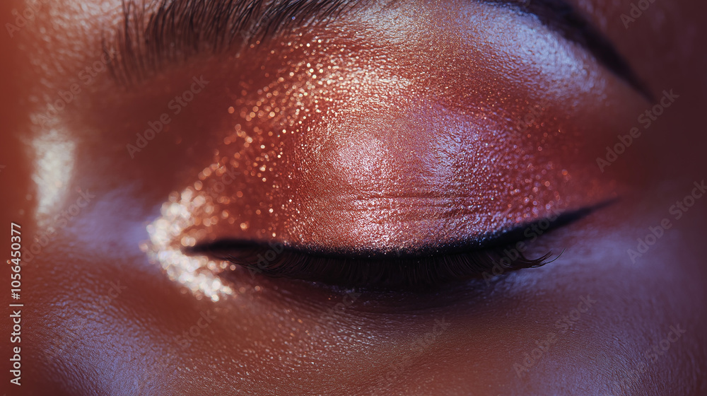 Close-Up of Glitter Eyeshadow on Closed Eye, capturing shimmer and bold colors with high-definition clarity