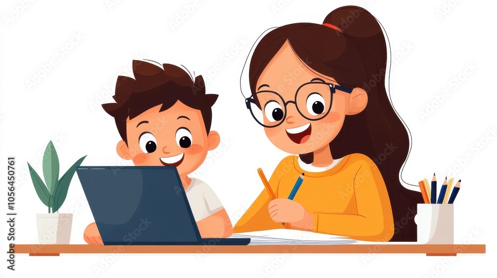 A delightful drawing of a boy smiling with his tutor as they work on a laptop together, symbolizing the joy of learning and shared educational experiences. A delightful drawing of a boy smiling with his tutor as they work on a laptop together, symbolizing the joy of learning and shared educational experiences.