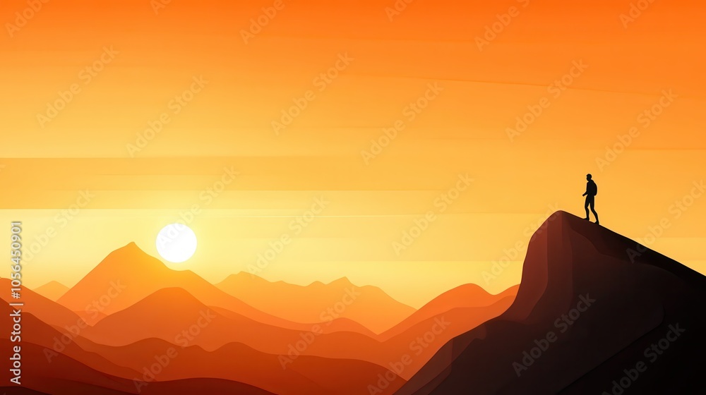 Silhouette of a person hiking at sunset, set against a backdrop of mountains, depicting adventure and serenity, with a warm, vibrant color palette. Silhouette of a person hiking at sunset, set against a backdrop of mountains, depicting adventure and serenity, with a warm, vibrant color palette.