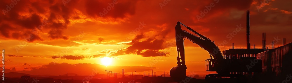 Excavator silhouette against a vibrant sunset sky, industrial landscape. Excavator silhouette against a vibrant sunset sky, industrial landscape.