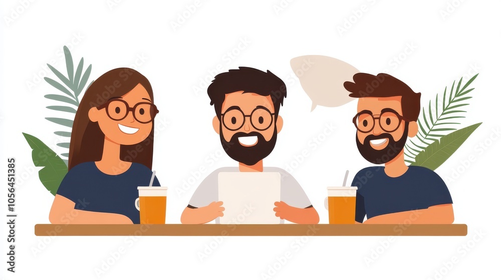 Three animated figures enjoying a cheerful discussion over drinks at a table, surrounded by green foliage, symbolizing teamwork and collaboration in a relaxed setting. Three animated figures enjoying a cheerful discussion over drinks at a table, surrounded by green foliage, symbolizing teamwork and collaboration in a relaxed setting.
