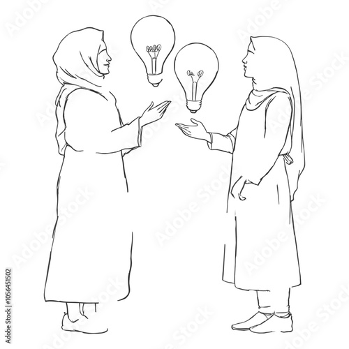 Women Conversing in Traditional Attire Outline Illustration