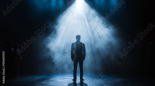 Bold lead actor in a spotlight, standing center stage while the rest of the cast fades into the shadows behind. theater stage, dramatic focus