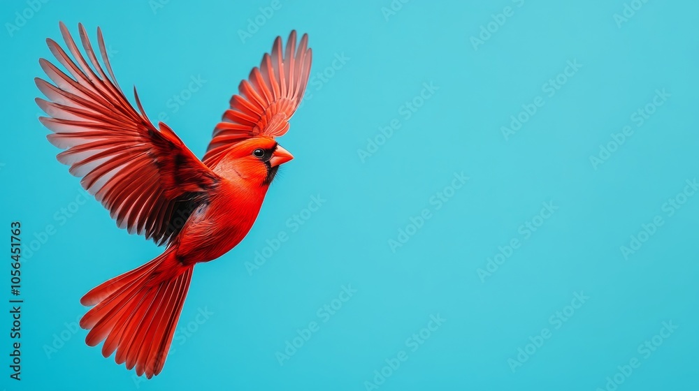 Fototapeta premium Bright red bird with outstretched wings flying across a soft blue sky, creating a striking contrast of color and motion. bird in flight, vibrant nature