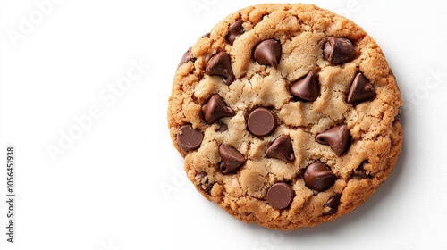 Single chocolate chip cookie close-up, crispy edges with soft center, isolated on bright white background, highly detailed texture of cookie and chips