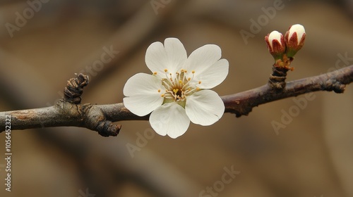 Delicate cherry blossom blooming in solitude, contrasting against the barren branches, capturing the essence of early spring renewal. single bloom, spring nature photo