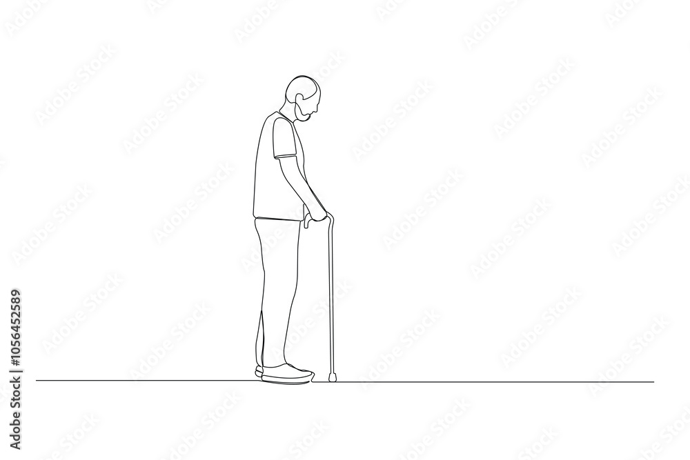Hand-drawn old man walking with cane continuous one-line art drawing. Vector illustration. Hand-drawn old man walking with cane continuous one-line art drawing. Vector illustration.