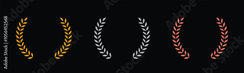 Laurel wreath of victory icon, set of gold, silver, and bronze medals on black background, laurel frame ranking decoration. Vector illustration