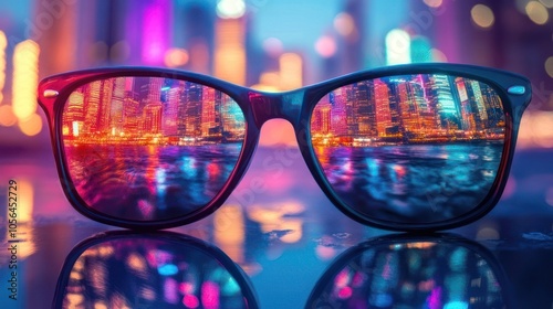 Sunglasses Reflecting a Cityscape at Night
