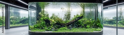 A large aquarium showcasing lush aquatic plants and natural elements in a modern design.