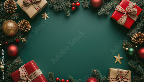 Festive Christmas Eve Scene with Gift Boxes, Baubles, and Ornaments on Green Background