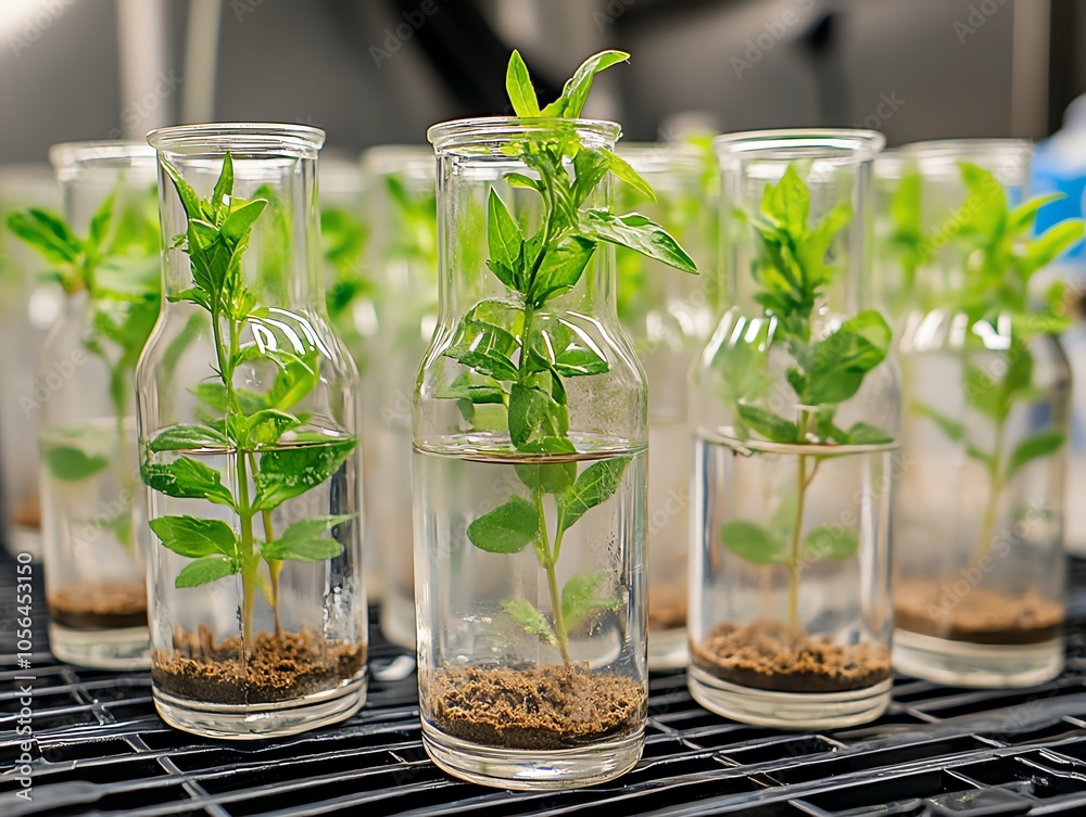 A close-up view of multiple glass jars, filled with water and small plants, in a laboratory setting. A close-up view of multiple glass jars, filled with water and small plants, in a laboratory setting.
