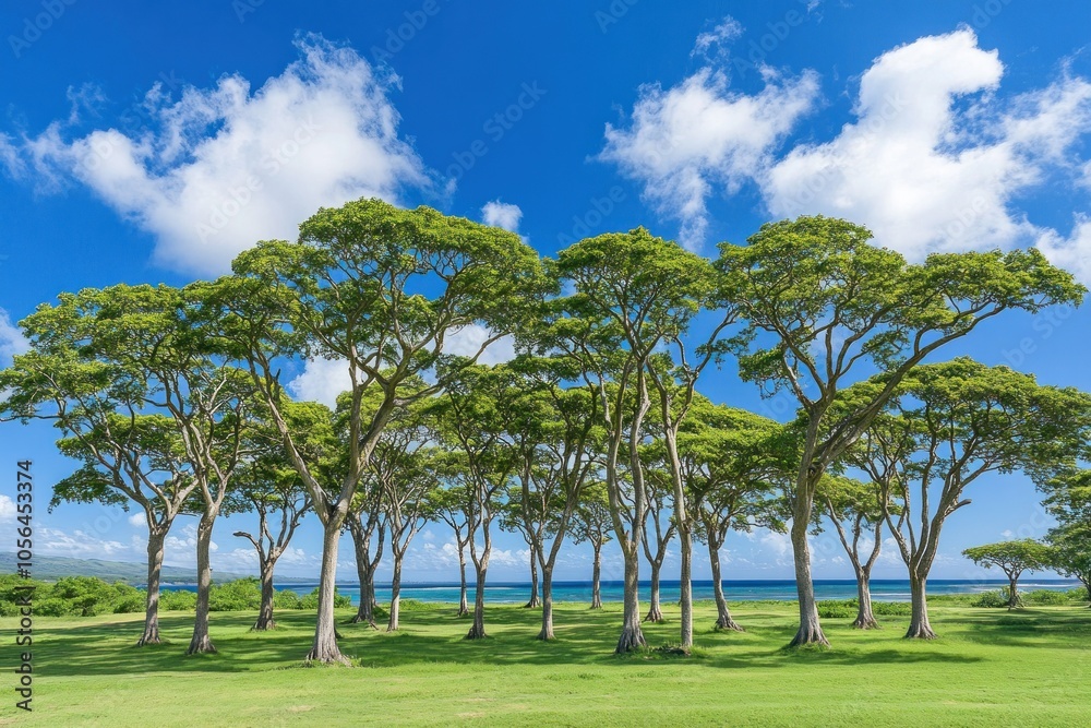 A serene landscape featuring a grove of trees against a bright blue sky and ocean backdrop. A serene landscape featuring a grove of trees against a bright blue sky and ocean backdrop.