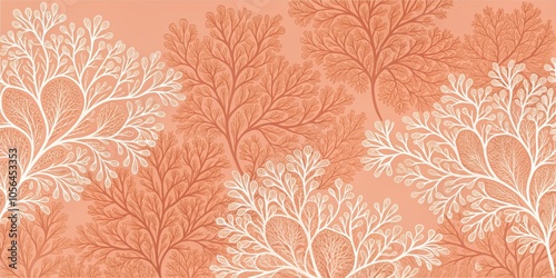 Abstract Floral Pattern in White and Peach Tones - Branches and Leaves Intertwined in a Symmetrical Design