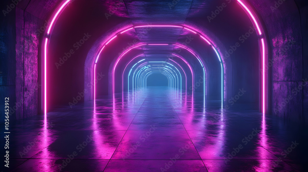 Abstract Neon Lights Tunnel 3D Illustration