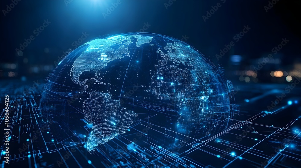 Fototapeta premium Blue hologram globe with world map with glowing data streams, ai global communication networks, virtual reality simulations, geospatial data visualization, and interactive educational experience