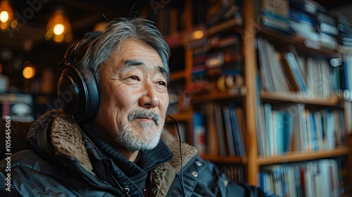 Happy Asian Man in His Middle Ages Listening to Music through Headphones, Surrounded by a Bookshelf at Home