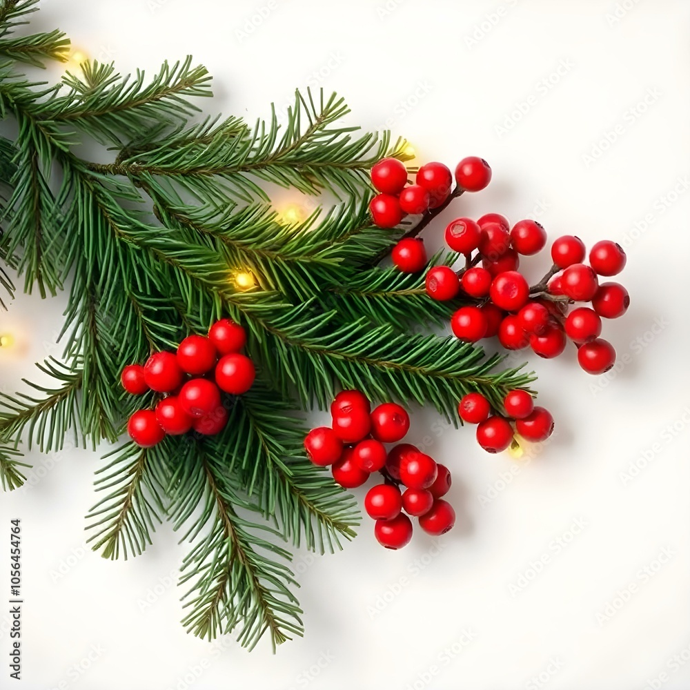 christmas tree branch with red berries on white background christmas tree branch with red berries on white background