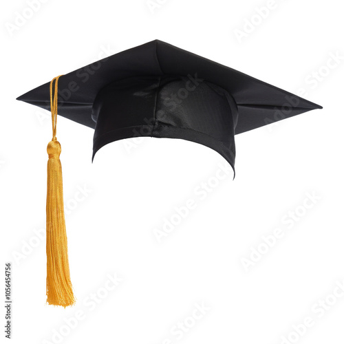 Graduation hat; Academic cap or Mortarboard in black isolated on white background with clipping path for educational phd hat design mockup and school commencement hat mock-up template