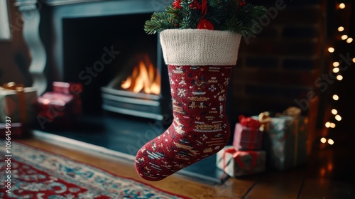 A cozy Christmas stocking filled with small holiday gifts focus on, festive anticipation, realistic, overlay, fireplace backdrop photo