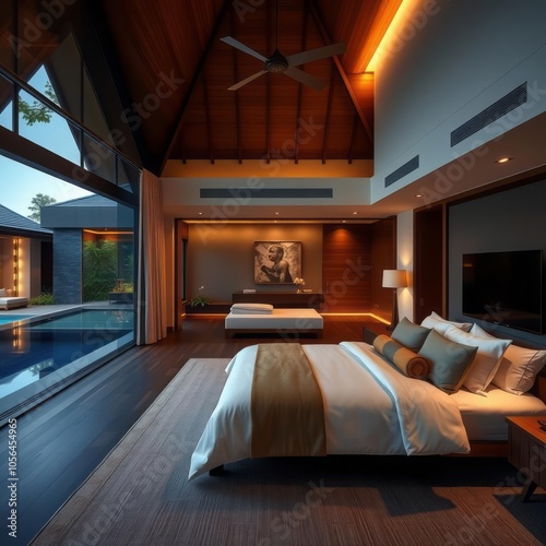 Koh samui thailand  june 18 : ultimate pool villa room interior of koh samui the ritzcarlton koh samui on 18 june 2020 in koh samui surat thani thailand master bedroom  photo