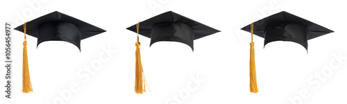 Graduation hat; Academic cap or Mortarboard in black isolated on white background with clipping path for educational phd hat design mockup and school commencement hat mock-up template