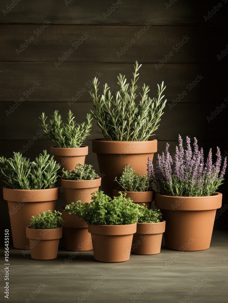 A collection of terracotta pots filled with various herbs and plants, arranged artistically. A collection of terracotta pots filled with various herbs and plants, arranged artistically.