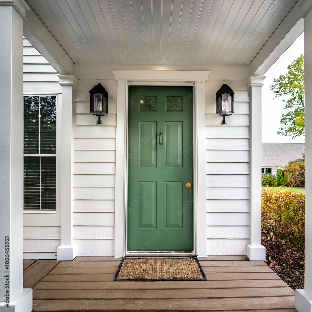 custom made wallpaper toronto digitalClose-up detail of a white modern farmhouse entryway featuring a bright green front door, matte black light fixtures on each side, and a covered porch supported by white pillars.