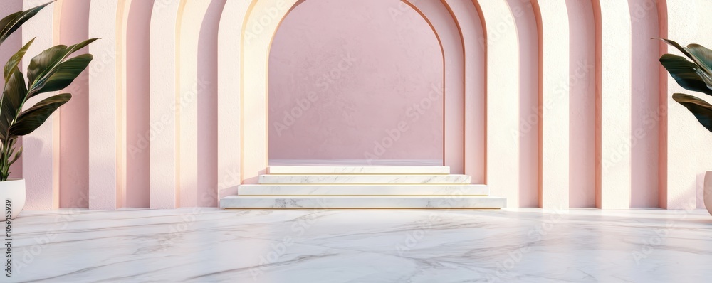 A serene interior space featuring elegant arches, soft pink tones, marble flooring, and lush greenery, creating a tranquil and stylish ambiance. A serene interior space featuring elegant arches, soft pink tones, marble flooring, and lush greenery, creating a tranquil and stylish ambiance.