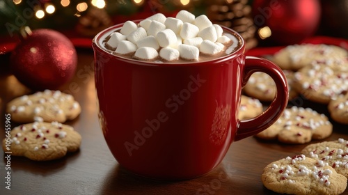 Wallpaper Mural A mug of hot chocolate with mini marshmallows melting on top, surrounded by holiday cookies focus on, classic comfort, vibrant, overlay, Christmas party backdrop Torontodigital.ca