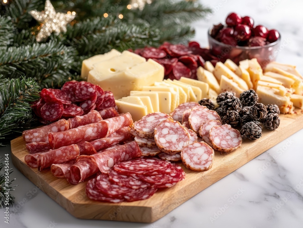 A festive charcuterie board filled with cheeses, meats, and holidaythemed snacks focus on, gourmet holiday appetizer, dynamic, multilayer, party table backdrop A festive charcuterie board filled with cheeses, meats, and holidaythemed snacks focus on, gourmet holiday appetizer, dynamic, multilayer, party table backdrop