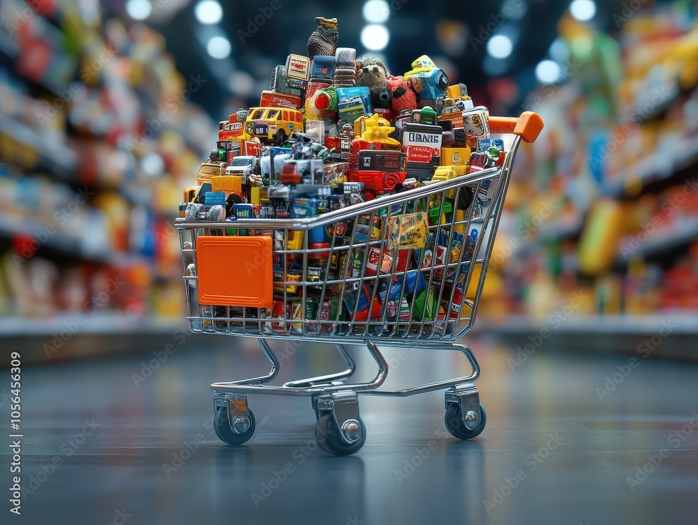 A shopping cart filled with discounted Black Friday items selective focus, excitement of bargains, realistic, double exposure, supermarket aisle backdrop