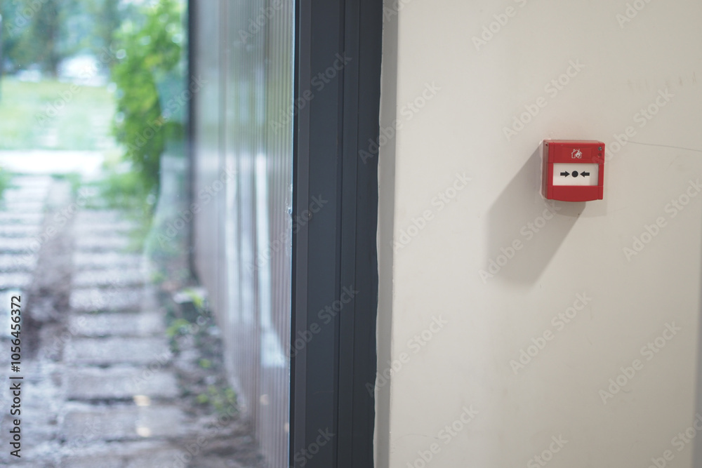 Red fire alarm button on wall , Red fire alarm button on wall ,