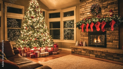 Cozy Christmas Living Room with Decorated Tree