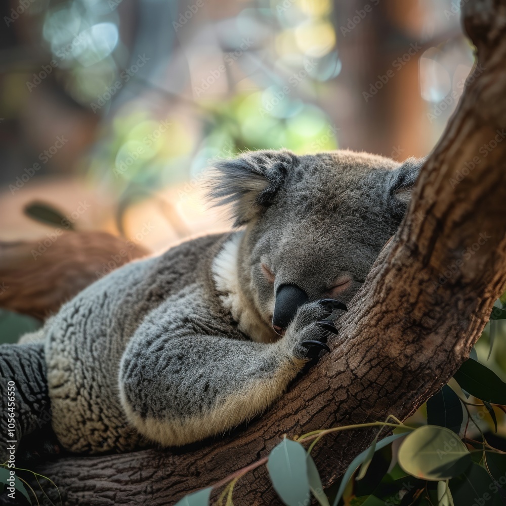 Obraz premium A serene image of a koala peacefully sleeping on a tree branch, surrounded by lush green foliage and bathed in soft sunlight.