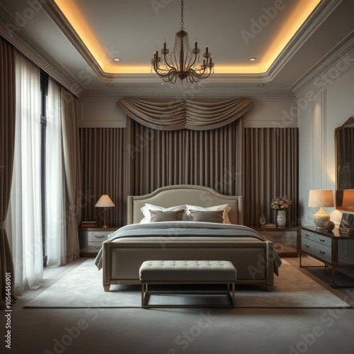 A master suite in a luxury cream savoy blackout curtains are part of the interiors elegant color scheme providing sleep comfort and a refined look master bedroom  photo