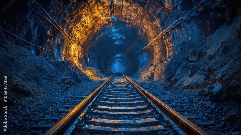 Naklejka premium Train tracks lead through a dark tunnel. This photo represents a journey through an unknown and mysterious place.