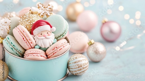 Cute pastel-colored macarons styled as Santa Claus and elves, nestled in a decorative tin with shiny baubles, cozy Christmas and New Year vibes