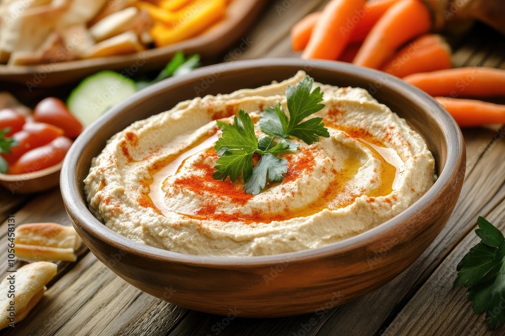 Delicious hummus with paprika and olive oil. Perfect for showcasing Middle Eastern cuisine or healthy eating. Delicious hummus with paprika and olive oil. Perfect for showcasing Middle Eastern cuisine or healthy eating.