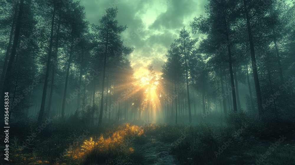 Fototapeta premium A serene forest scene with sunlight filtering through trees.