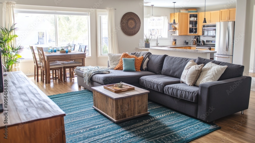 Obraz premium A beige living room with dark gray sectional, teal blue area rug, and wooden furniture